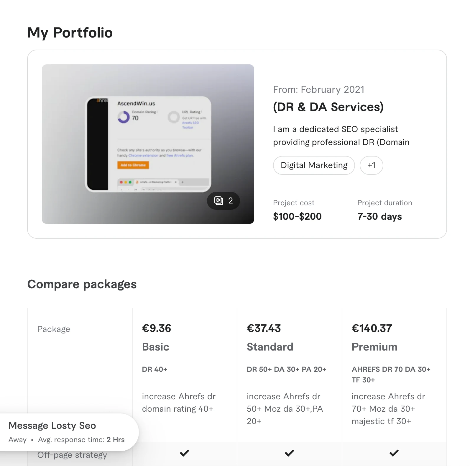 Fiverr portfolio offering DR and DA boosting services